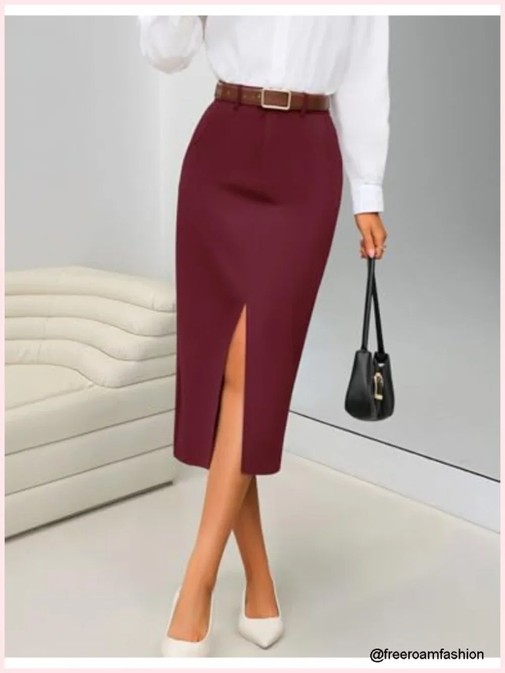 High Waisted Pencil Midi Skirt with Front Slit and Pockets